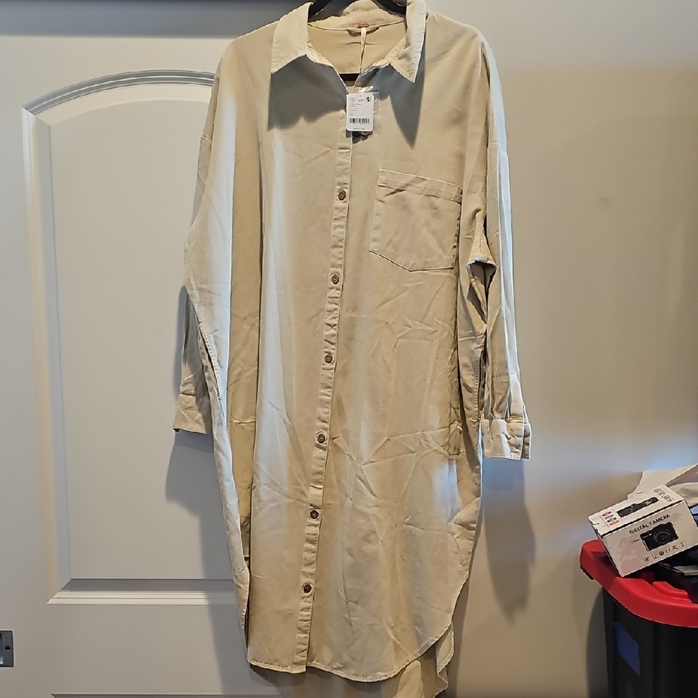 Beige Button-Up Shirt Dress